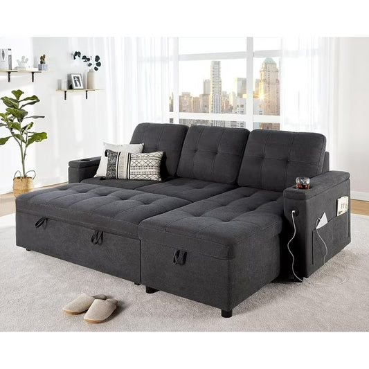 Merluxy Sleeper Sofa, Tufted Sofa Bed with USB & Cup Holders, L Shape Couch for Living Room- Linen
