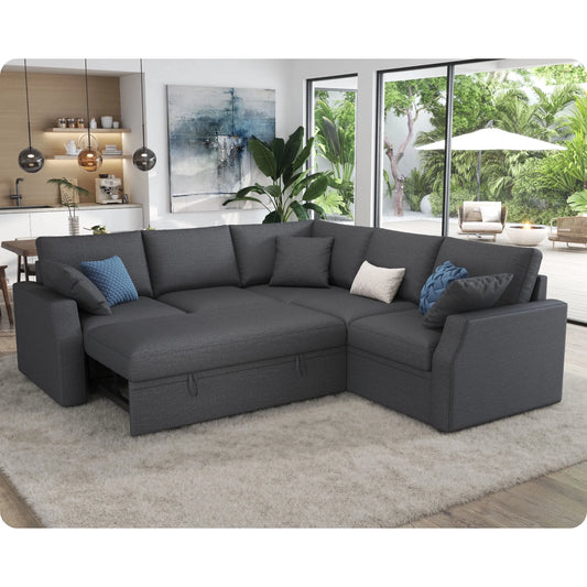 Roomy Homy Sofa Bed, 85 Inch Sleeper Sofa with Pull Out Sofa Bed, L Shaped Couch with Storage Seat, Sectional Couches for Living Room Apartment, Grey Linen Sofa Couch