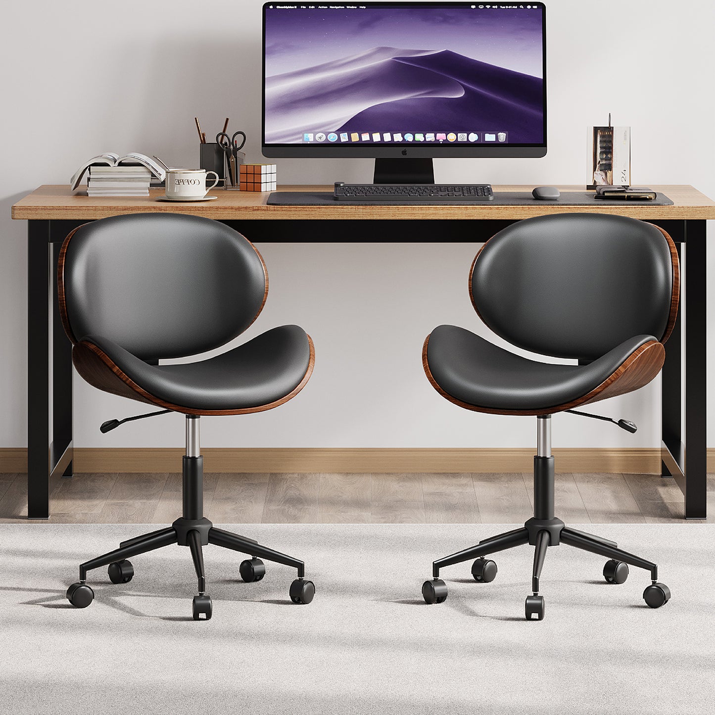 LUXOAK Ergonomic Home Office Desk Chair Set of 2, Modern Mid-Century Armless Chair with PU Leather/360°Swivel Wheels/Seat Height Adjustable for Office, Study, Bedroom, Black