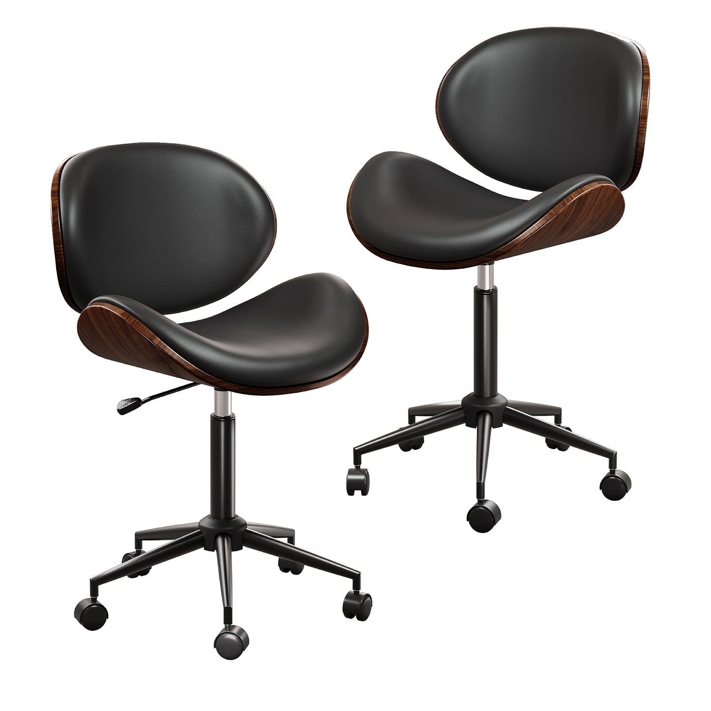 LUXOAK Ergonomic Home Office Desk Chair Set of 2, Modern Mid-Century Armless Chair with PU Leather/360°Swivel Wheels/Seat Height Adjustable for Office, Study, Bedroom, Black