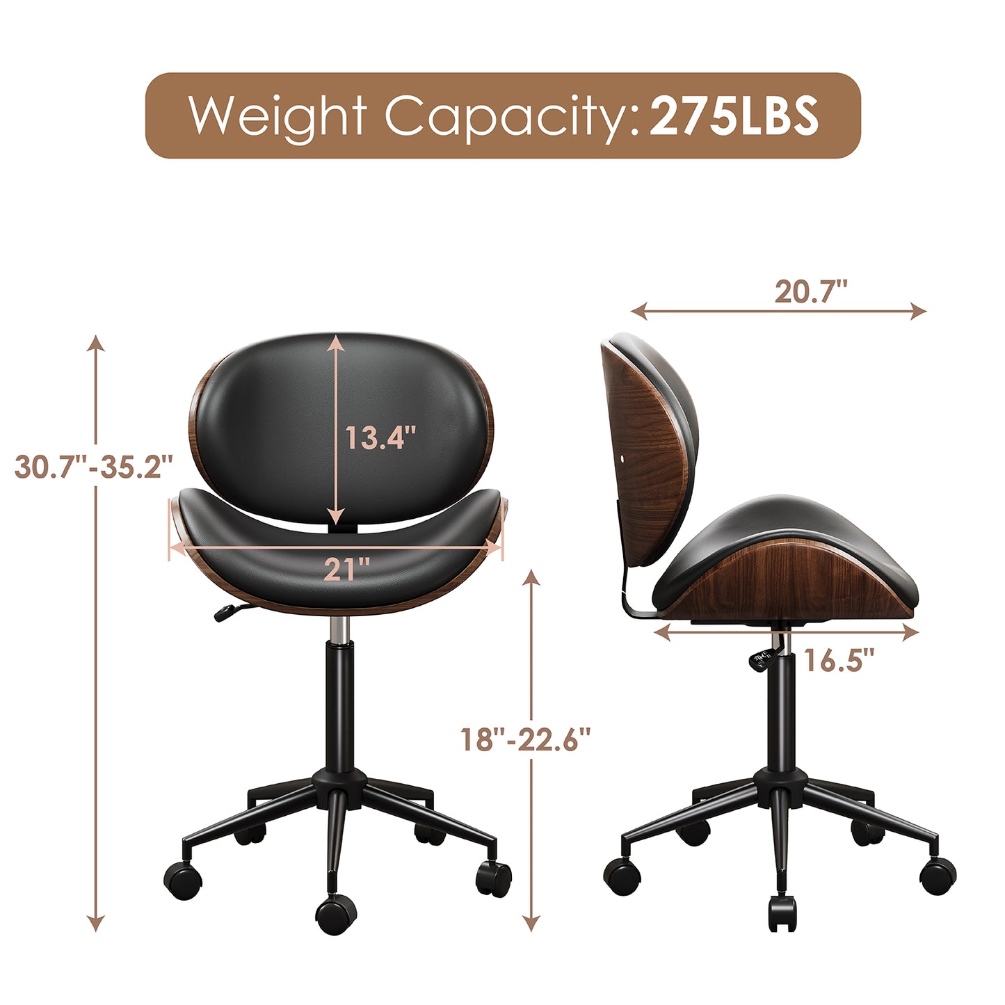 LUXOAK Ergonomic Home Office Desk Chair Set of 2, Modern Mid-Century Armless Chair with PU Leather/360°Swivel Wheels/Seat Height Adjustable for Office, Study, Bedroom, Black