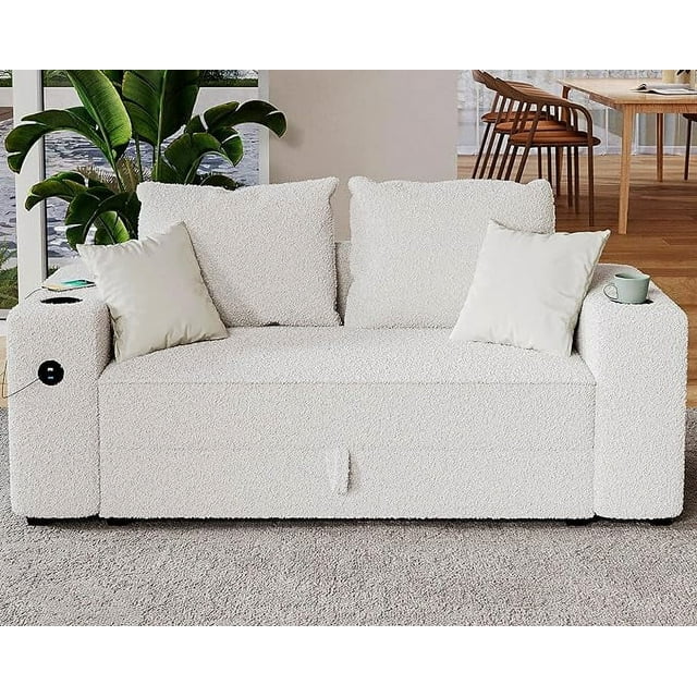 VANACC Modular Sectional Sofa, Sofa Couch with 2 USB Ports & Cup Holders, Loveseat Couch with Storage, Sectional Couch White Bouclé