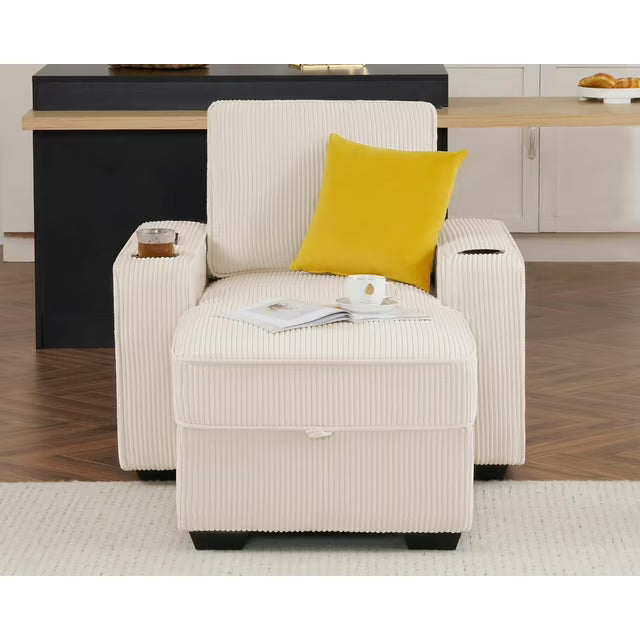 VANACC Sofa, Sofa Chair with Storage Ottoman, Modern Sofa with Cup Holders & USB Charging Ports, Deep Seat Couch for Living Room(Beige Corduroy)