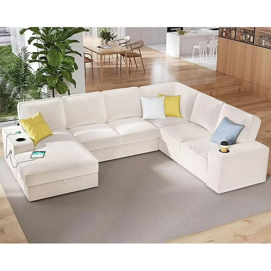 Merluxy 112 inch Oversized Sofa with USB, U Shaped Sofa with Storage for Adult, Corduroy Beige