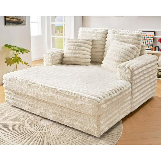 Merluxy Chaise Lounge Indoor, Upholstered Sofa Bed with Throw Pillows and Armrests, Sleeper Chair- Plush Chair Bed for Living Room, Off-White