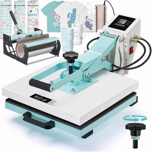 Jocisland 2-in-1 15x15 Heat Press, Industrial-Quality Digital Sublimation Heat Press Machine for T-Shirts, Mugs, 30oz Mug Press, Sewing Rulers, Blue