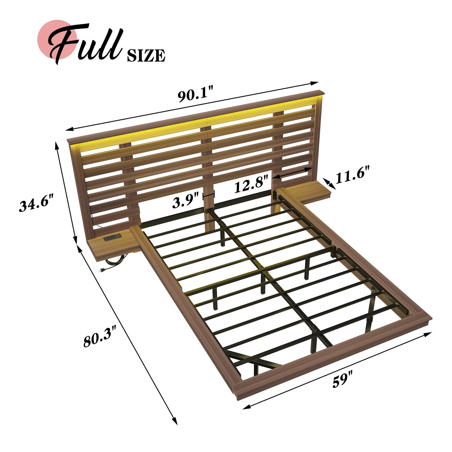 LUXOAK Farmhouse Full Floating Bed Frame with Nightstands, Platform Bed with LED Light & Type-C & USB Charging Station, No Box Spring Needed/Noise Free, Distressed White