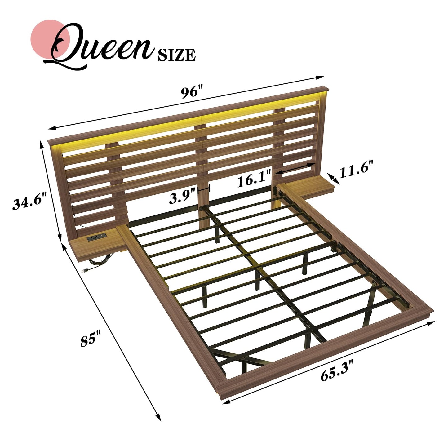 LUXOAK Farmhouse Full Floating Bed Frame with Nightstands, Platform Bed with LED Light & Type-C & USB Charging Station, No Box Spring Needed/Noise Free, Distressed White