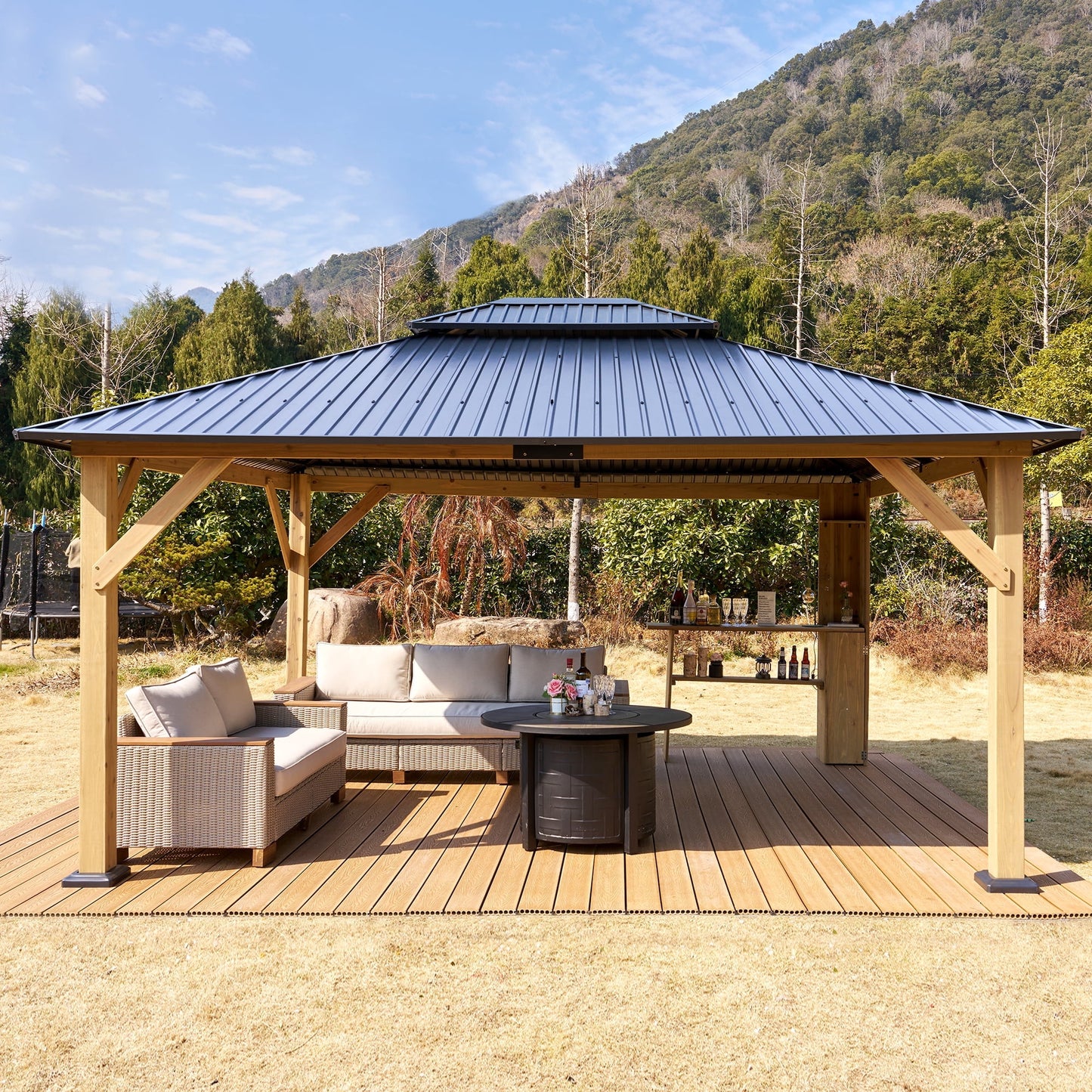 VANACC 13' x 15' Hardtop Gazebo,Aluminum Frame Outdoor Gazebo with Iron Roof Double Roof, Wood Gazebo for Patio, Backyard, Lawns, Parties, Black