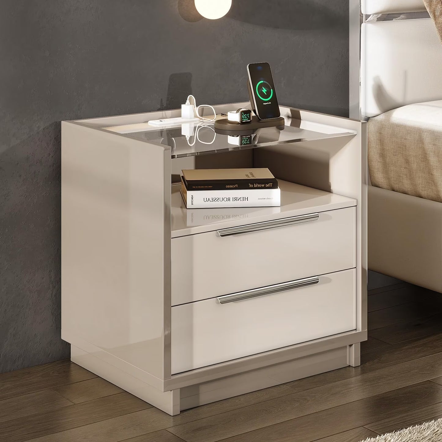 VanAcc 23.6" Nightstand High Gloss End Table with Glass Tabletop, Modern Bedside Table with Charging Station, 2 Drawers for Bedroom