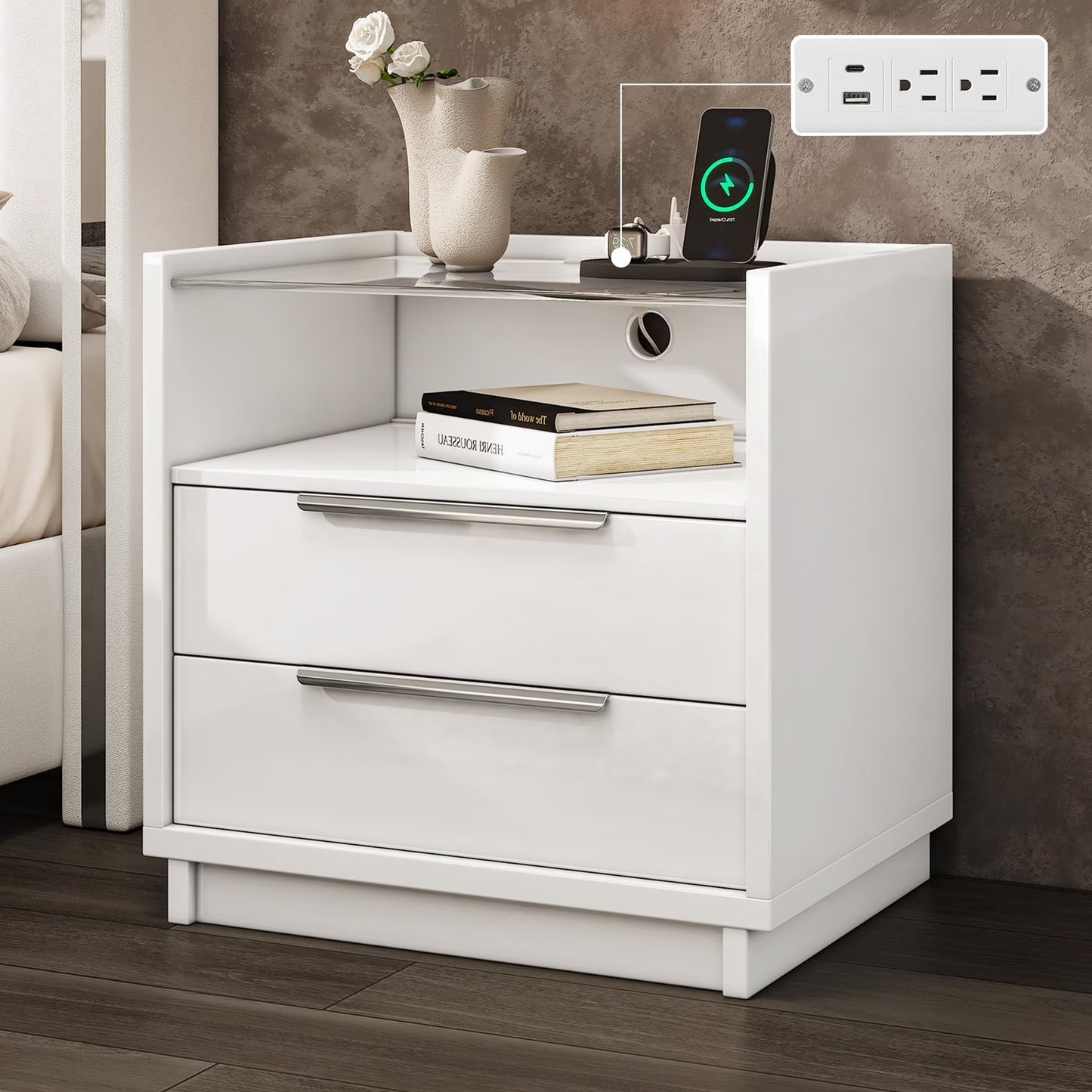 VanAcc 23.6" Nightstand High Gloss End Table with Glass Tabletop, Modern Bedside Table with Charging Station, 2 Drawers for Bedroom