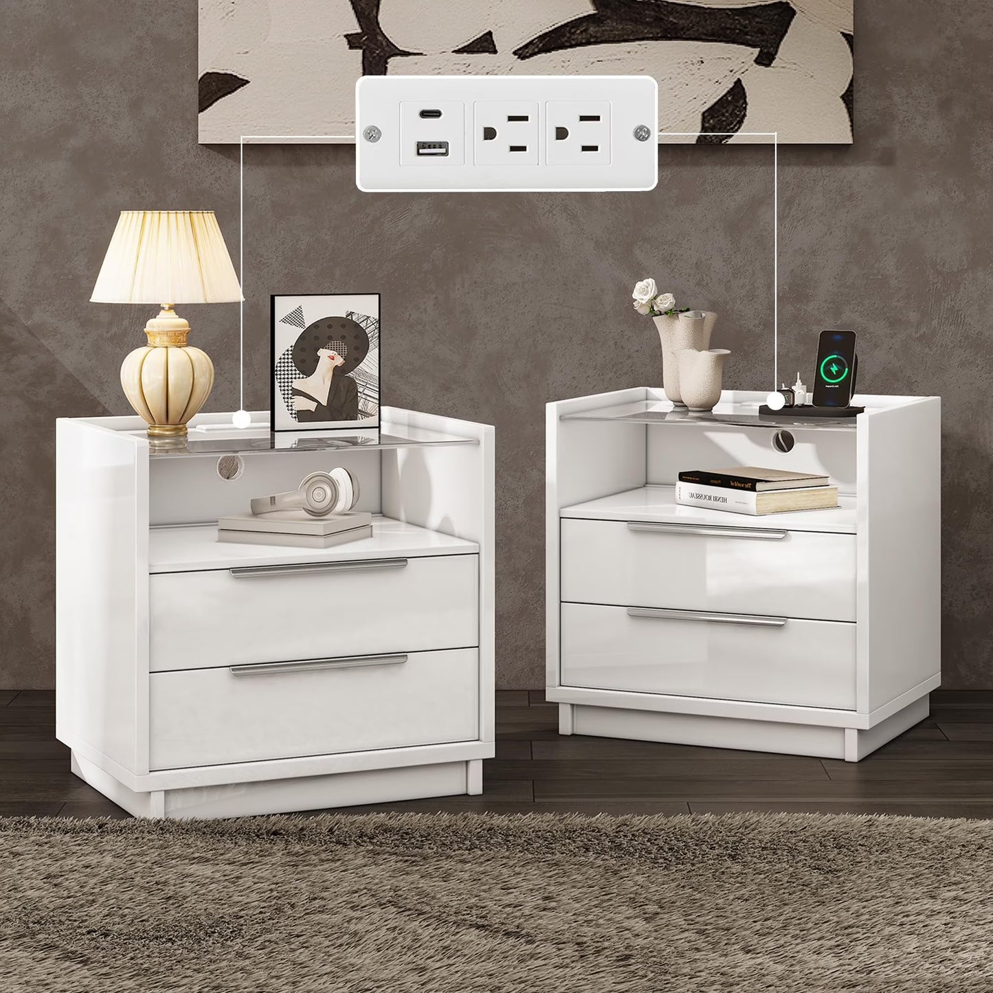 VanAcc 23.6" Nightstand High Gloss End Table with Glass Tabletop, Modern Bedside Table with Charging Station, 2 Drawers for Bedroom