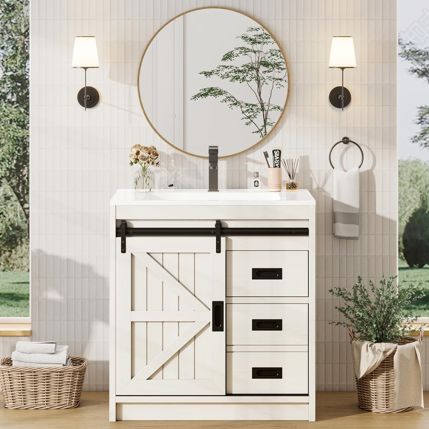 VanAcc 31" Farmhouse Sliding Barn Door Bathroom Vanity with Sink Combo, Bathroom Cabinet with Drawers & Metal Handles, Freestanding, Distressed White