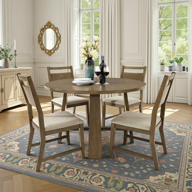 VANACC 46" Round Solid Wood Dining Table Set for 4, Mid-Century Kitchen Furniture with Padded Chairs