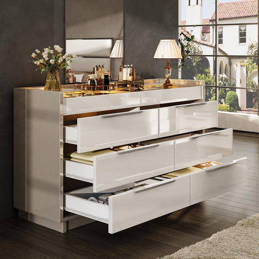 VANACC Dresser with LED Light & Glass Top, Modern Storage Chest with 2 Jewelry Drawers, Storage Organizer for Bedroom
