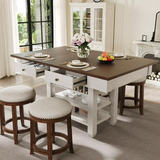 VANACC 5-Piece Solid Wood Dining Table Set with Drawers Counter Height, Farmhouse Wine Rack & Open Shelves, Kitchen Island Table with Upholstered