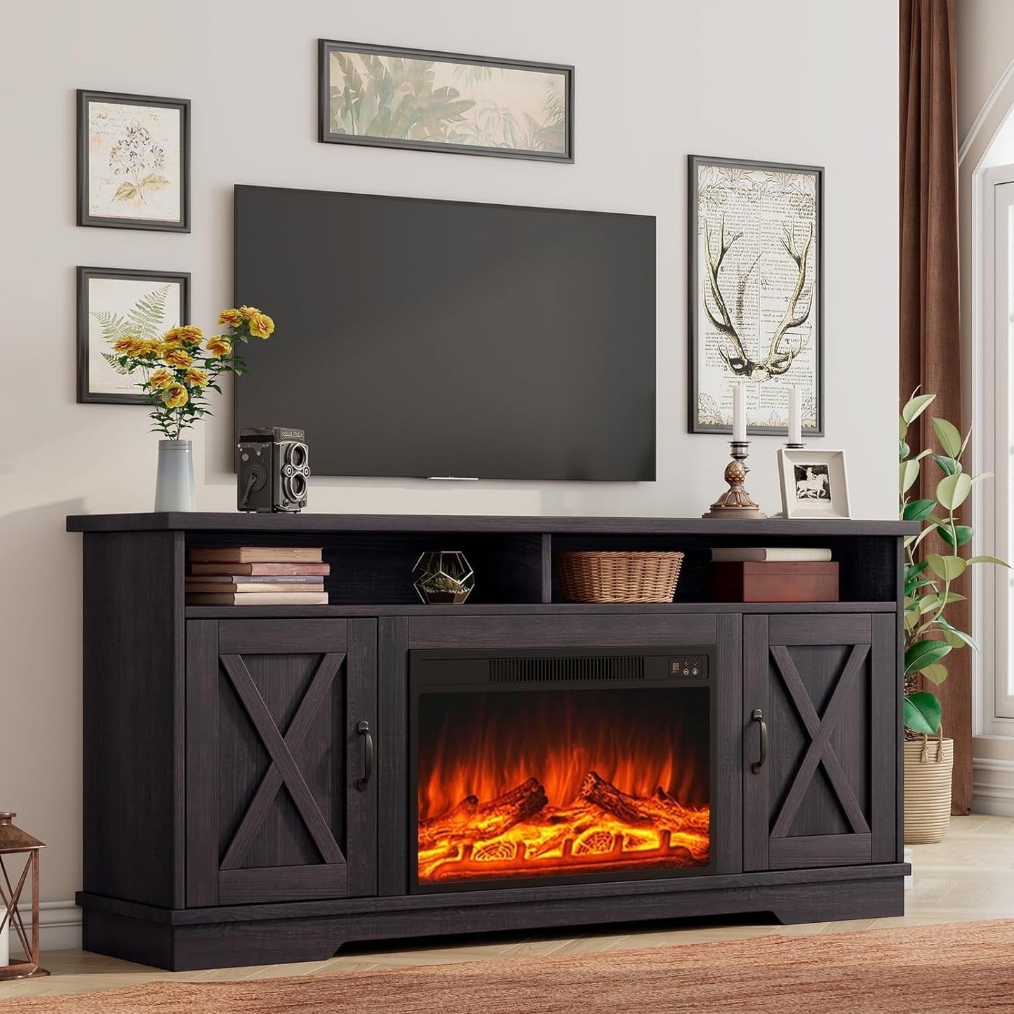 VANACC 63" Farmhouse TV Stand with 26" Fireplace, for TVs up to 73", Entertainment Center, Rustic TV Console Cabinet for Living Room