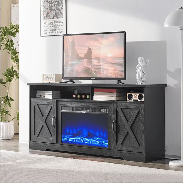VANACC 63" TV Stand with 26" Electric Fireplace, 63" Wood Rustic Entertainment Center with Fireplace and Barn Doors, Modern Media TV Console Cabinet with Adjustable Shelves