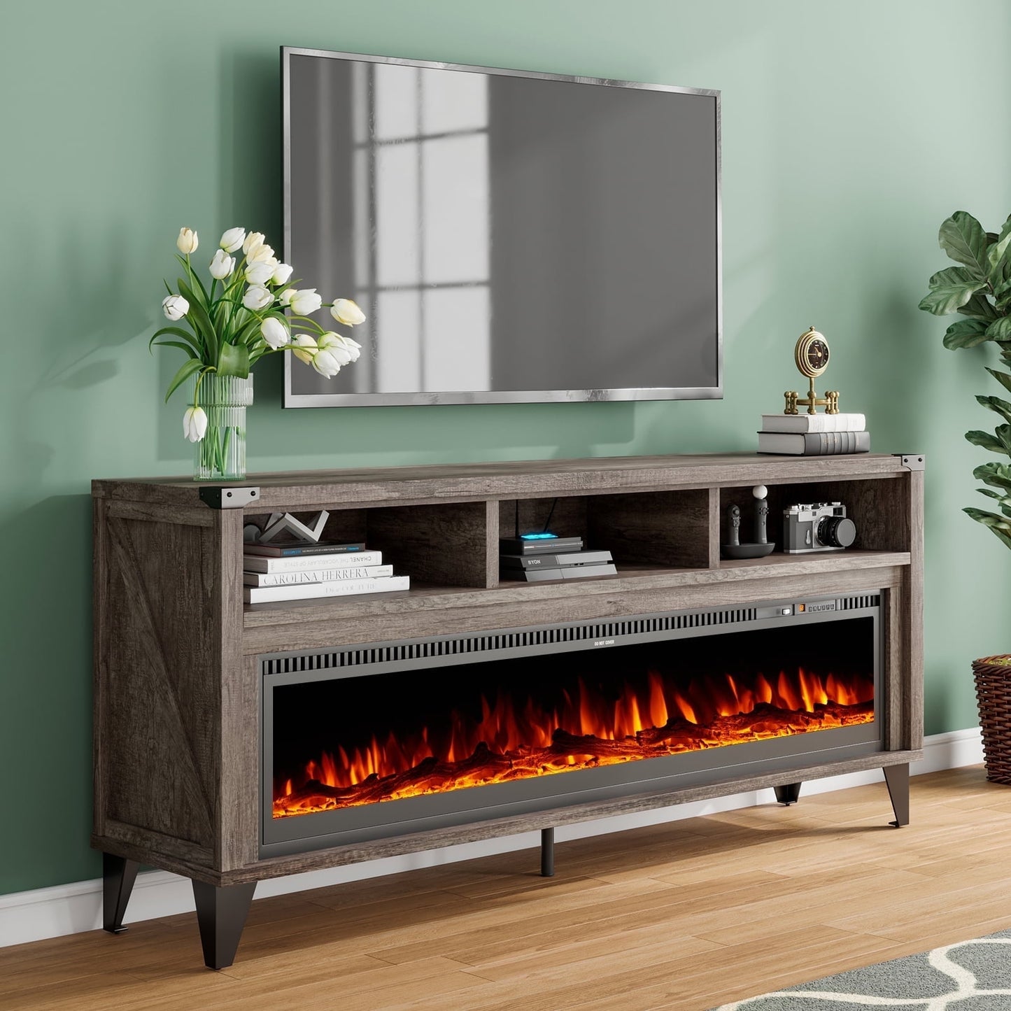 VANACC 65" Farmhouse Fireplace TV Stand with 60" Fireplace