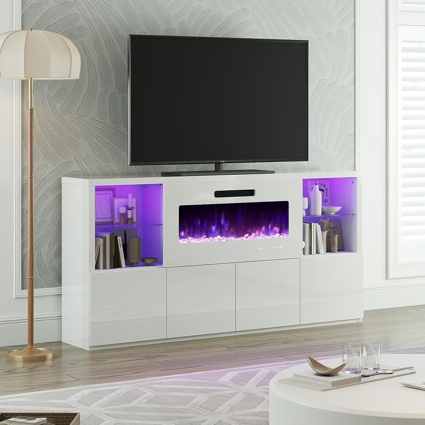 VANACC 68" Modern Fireplace TV Stand for TVs up to 75", High Gloss Entertainment Center with 40" Fireplace