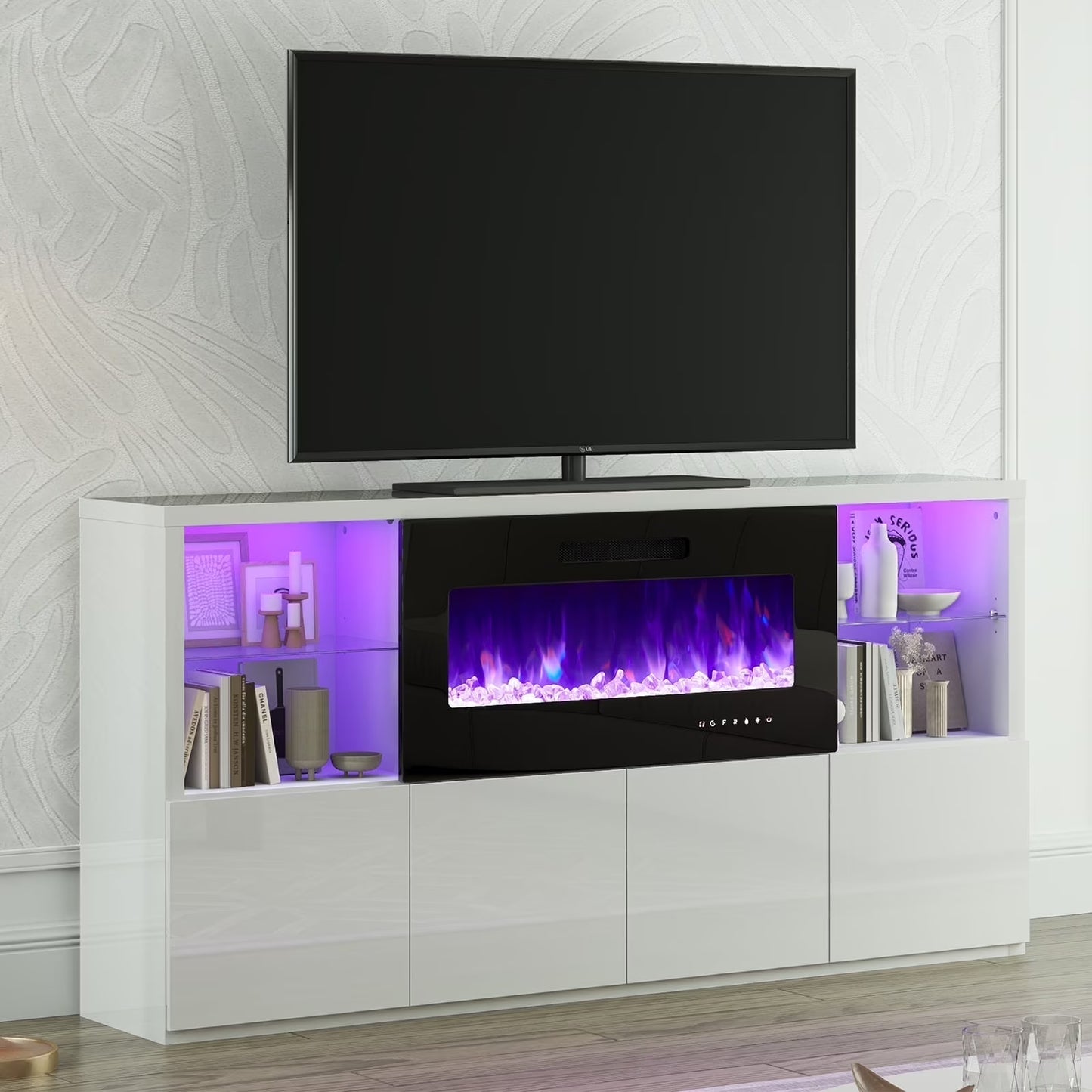 VANACC 68" Modern Fireplace TV Stand for TVs up to 75", High Gloss Entertainment Center with 40" Fireplace
