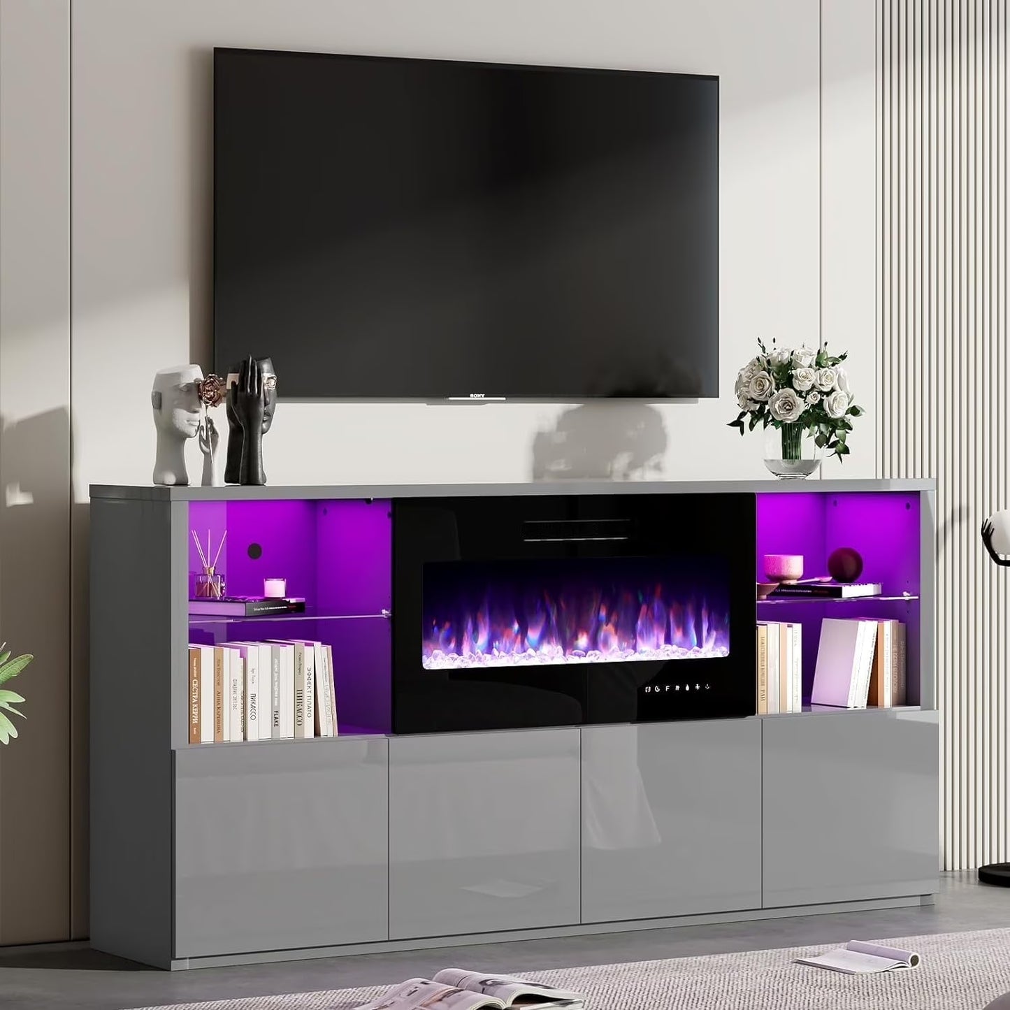 VANACC 68" Modern Fireplace TV Stand for TVs up to 75", High Gloss Entertainment Center with 40" Fireplace