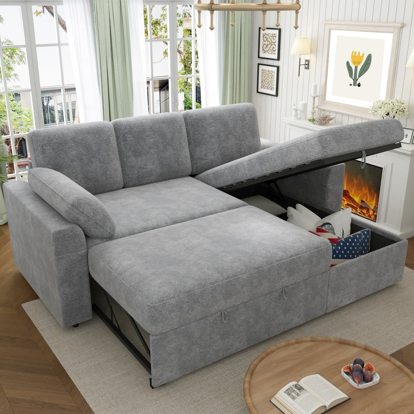 VANACC 91" Sectional Sofa with Storage and 3 Seat,Reversible Pull Out Couch for Living Room