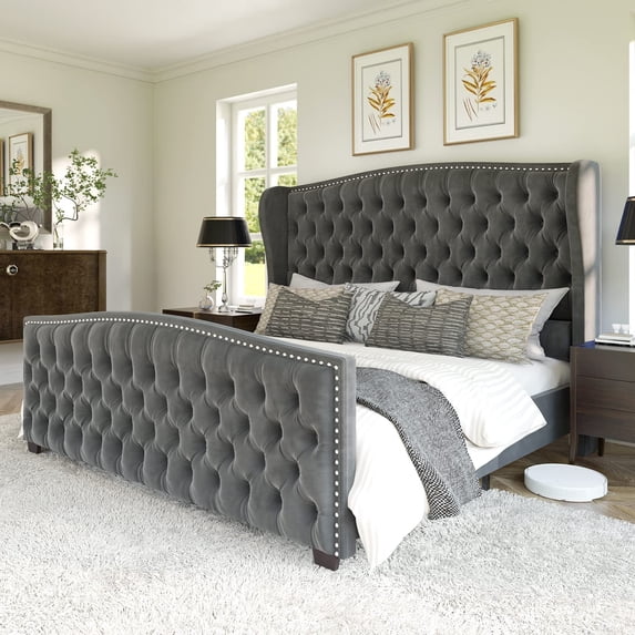 VanAcc Platform Bed Frame, Velvet Upholstered Bed with Deep Button Tufted & Nailhead Trim Wingback Headboard