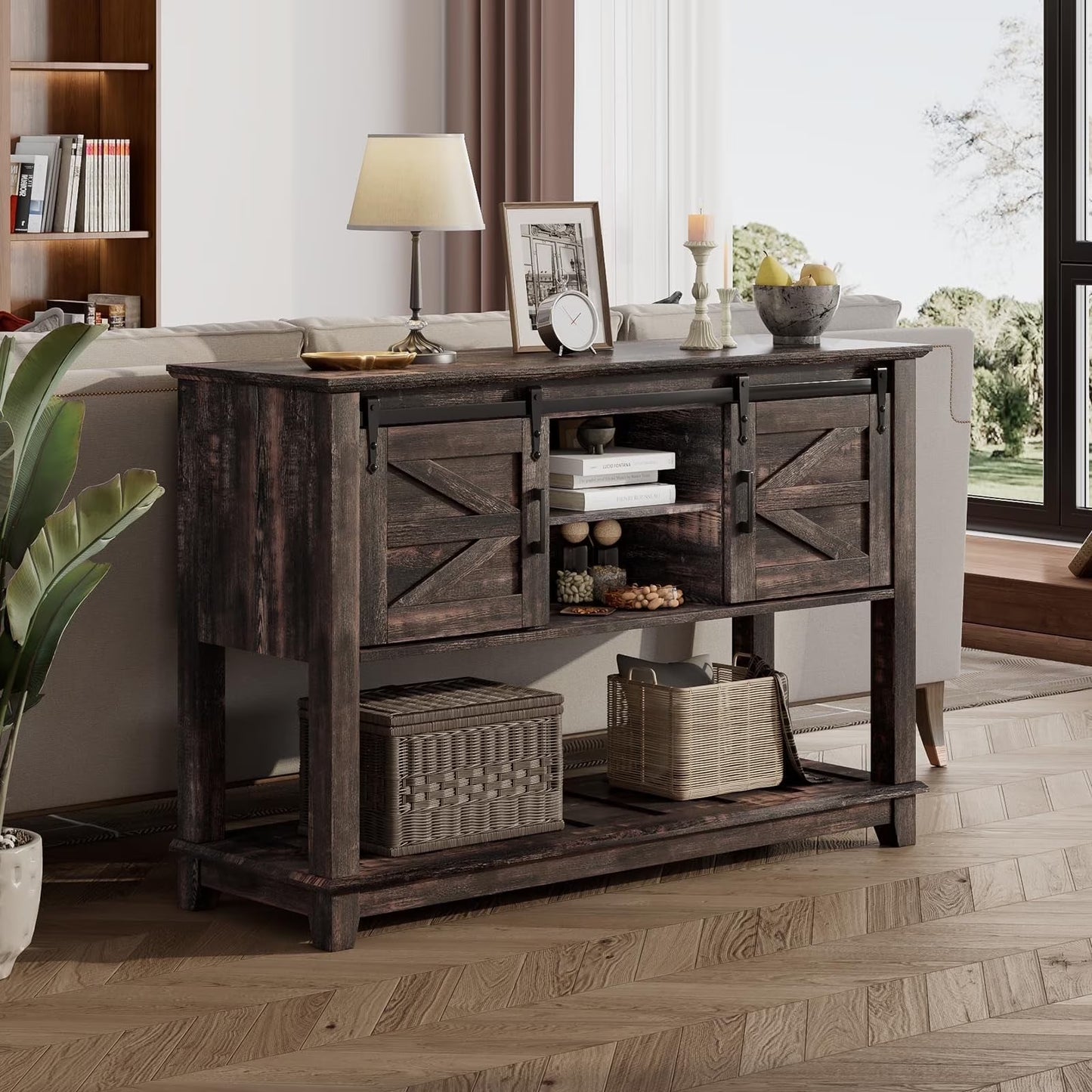 VANACC Farmhouse Entryway Table with Sliding Barn Doors, 46" Sofa Table