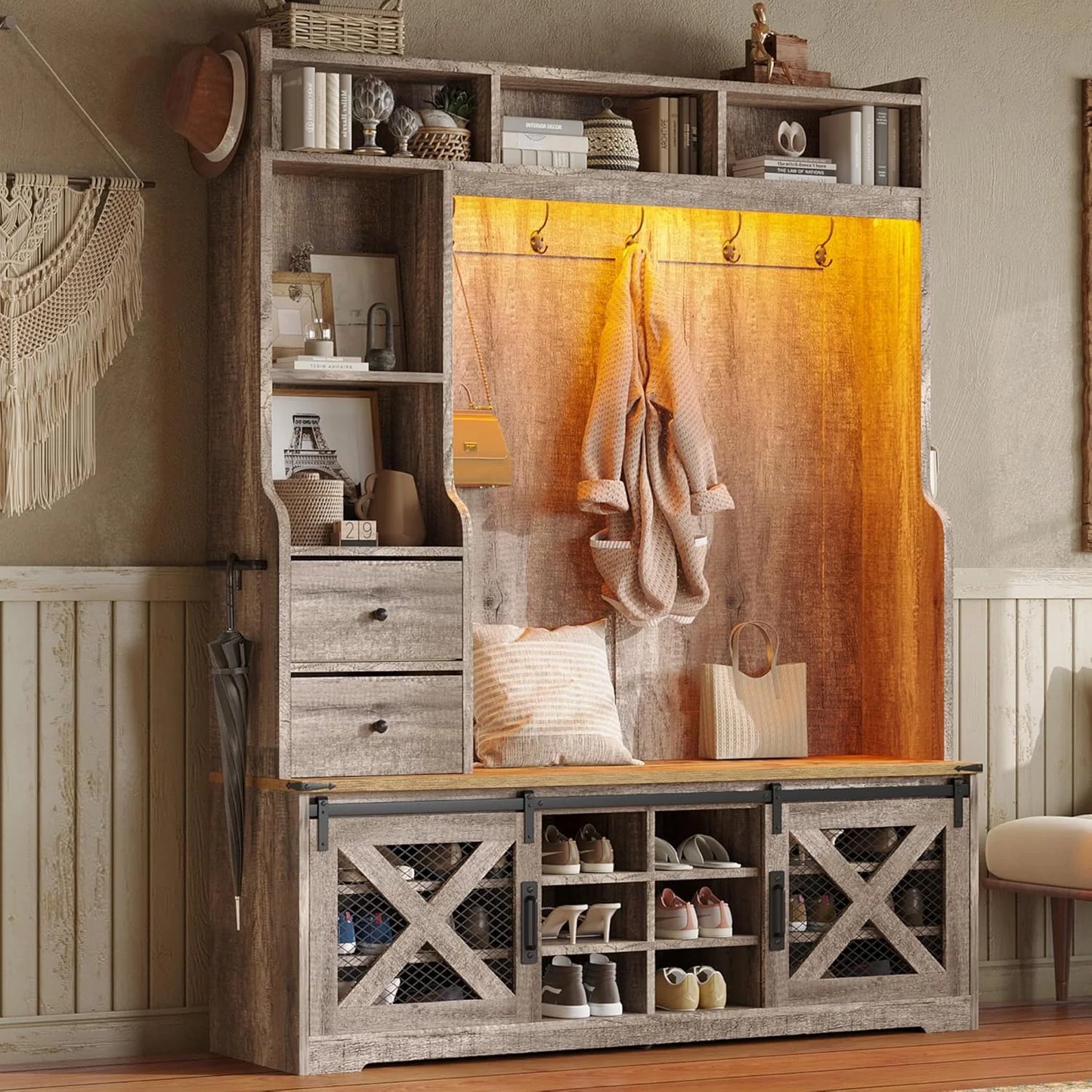 VANACC Farmhouse Hall Tree with Bench and Shoe Cabinet, LED Entryway Organizer