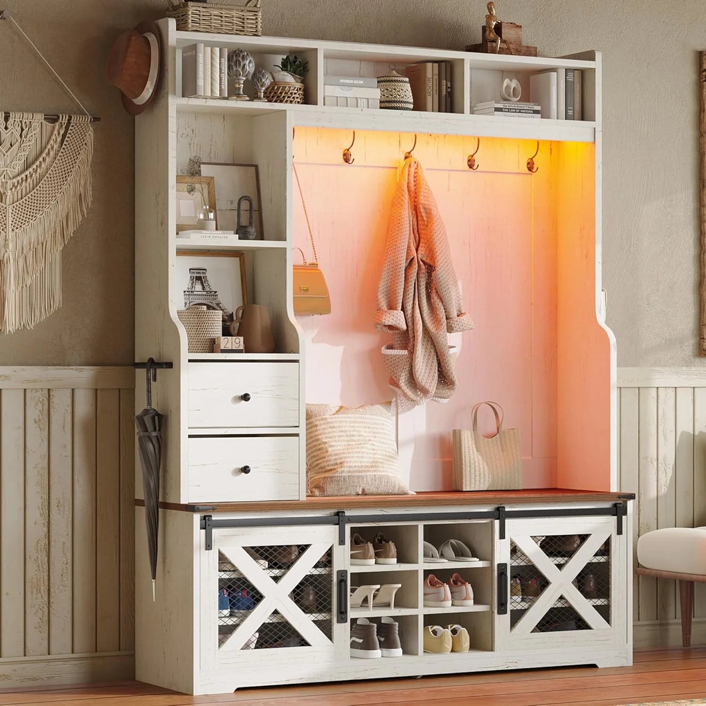 VANACC Farmhouse Hall Tree with Bench and Shoe Cabinet, LED Entryway Organizer