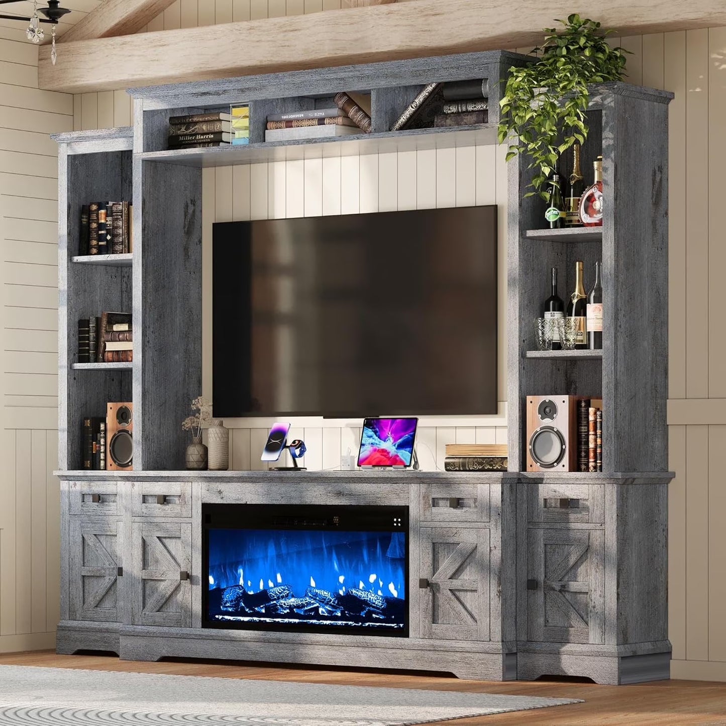 VANACC 68" Modern Fireplace TV Stand for TVs up to 75", High Gloss Entertainment Center with 40" Fireplace