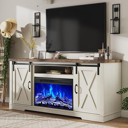 VANACC Fireplace TV Stand with Sliding Barn Door for TVs up to 73", Farmhouse 63" Entertainment Center with Storage Cabinets/Adjustable Shelves, Distressed White & Rustic