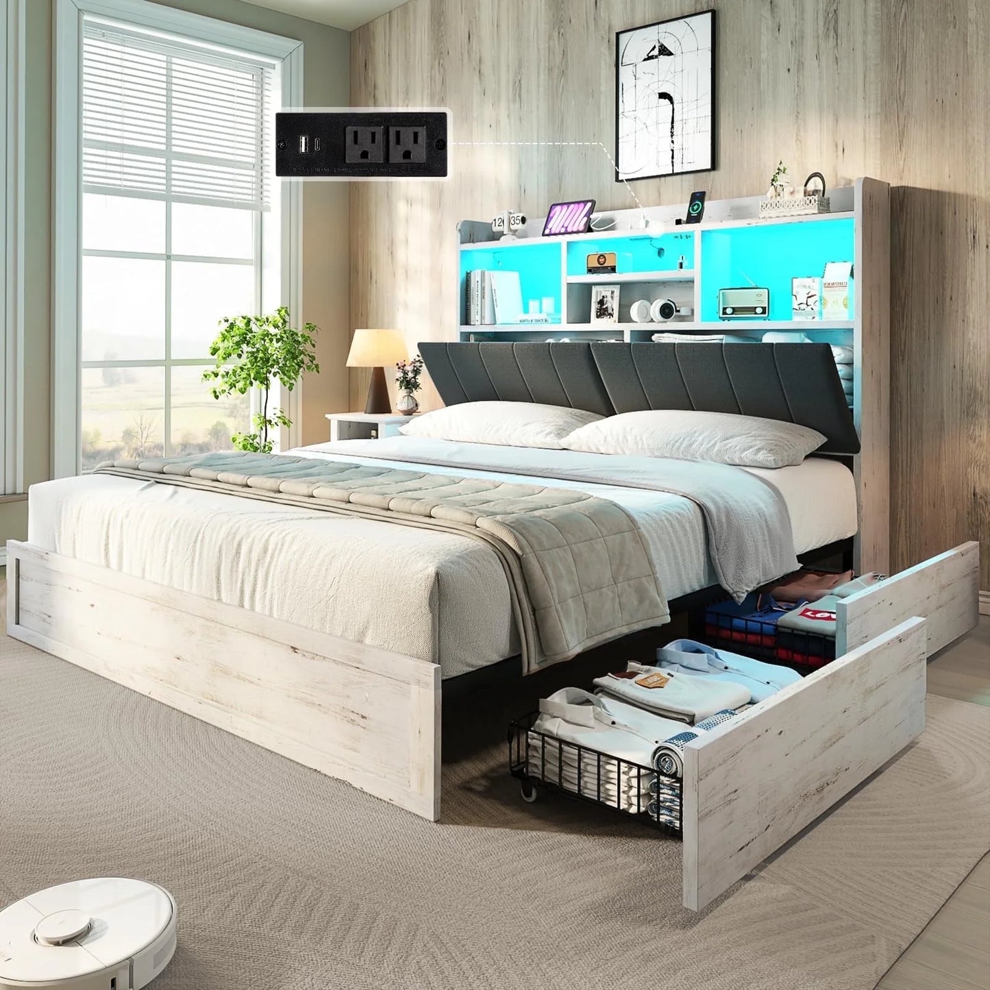 VANACC Farmhouse Bed Frame with Bookcase Headboard and 4 Drawers, LED Storage Bed with Charging Station & Linen Upholstered, No Box Spring Needed