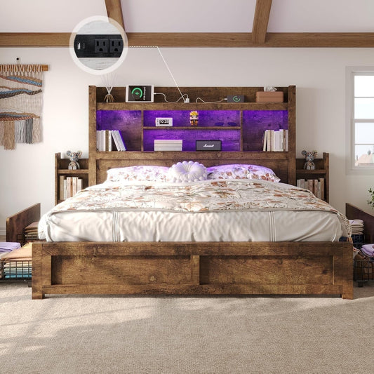 VANACC Bed with 49.6" Bookcase Headboard, Dual Side Storage Racks, 4 Drawers, Built-in RGB LED Lighting, Charging Station – No Box Spring Required