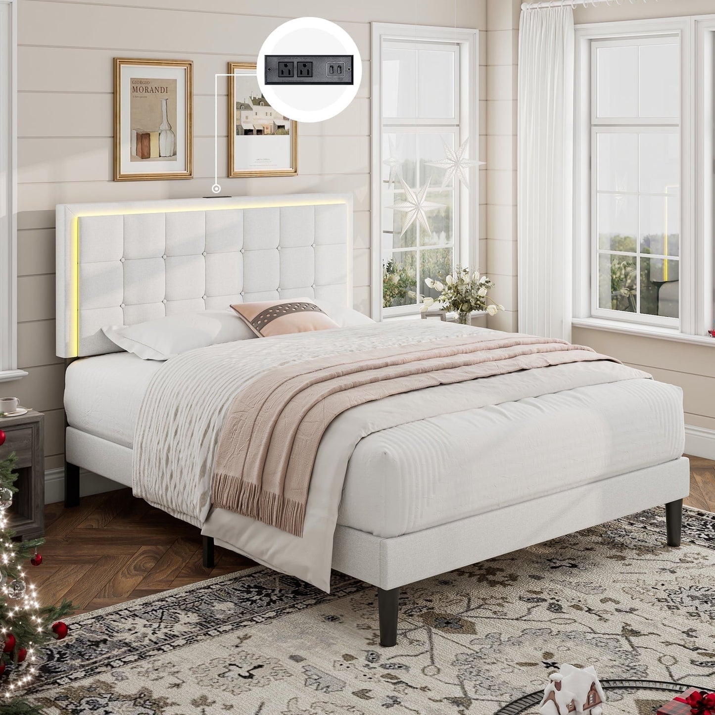 VanAcc Bed Frame with LED Headboard, Linen Button Tufted Upholstered with USB Charging Station, Strong Wooden Slats Support