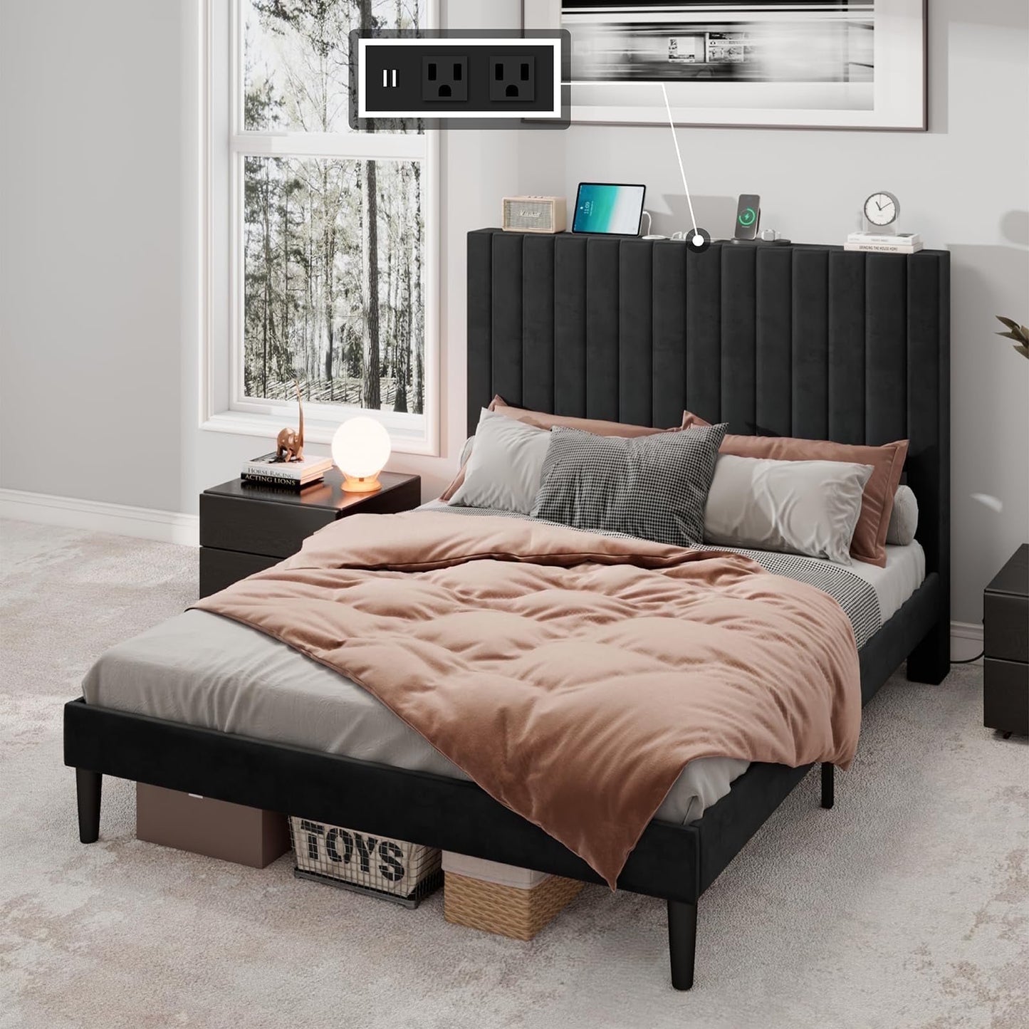 VANACC Bed Frame Velvet Upholstered Tufted Headboard with Charging Station
