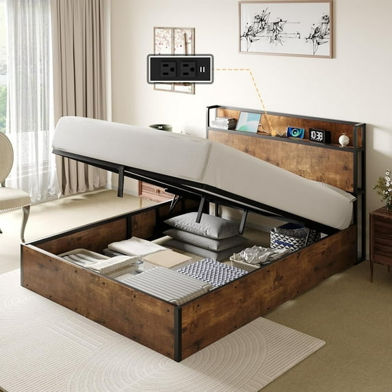 VanAcc Lift up Storage Bed Frame, Noise-Free, Charging Station, for Adults, No Spring Box Needed