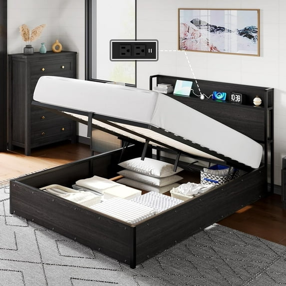 VanAcc Lift up Storage Bed Frame, Noise-Free, Charging Station, for Adults, No Spring Box Needed