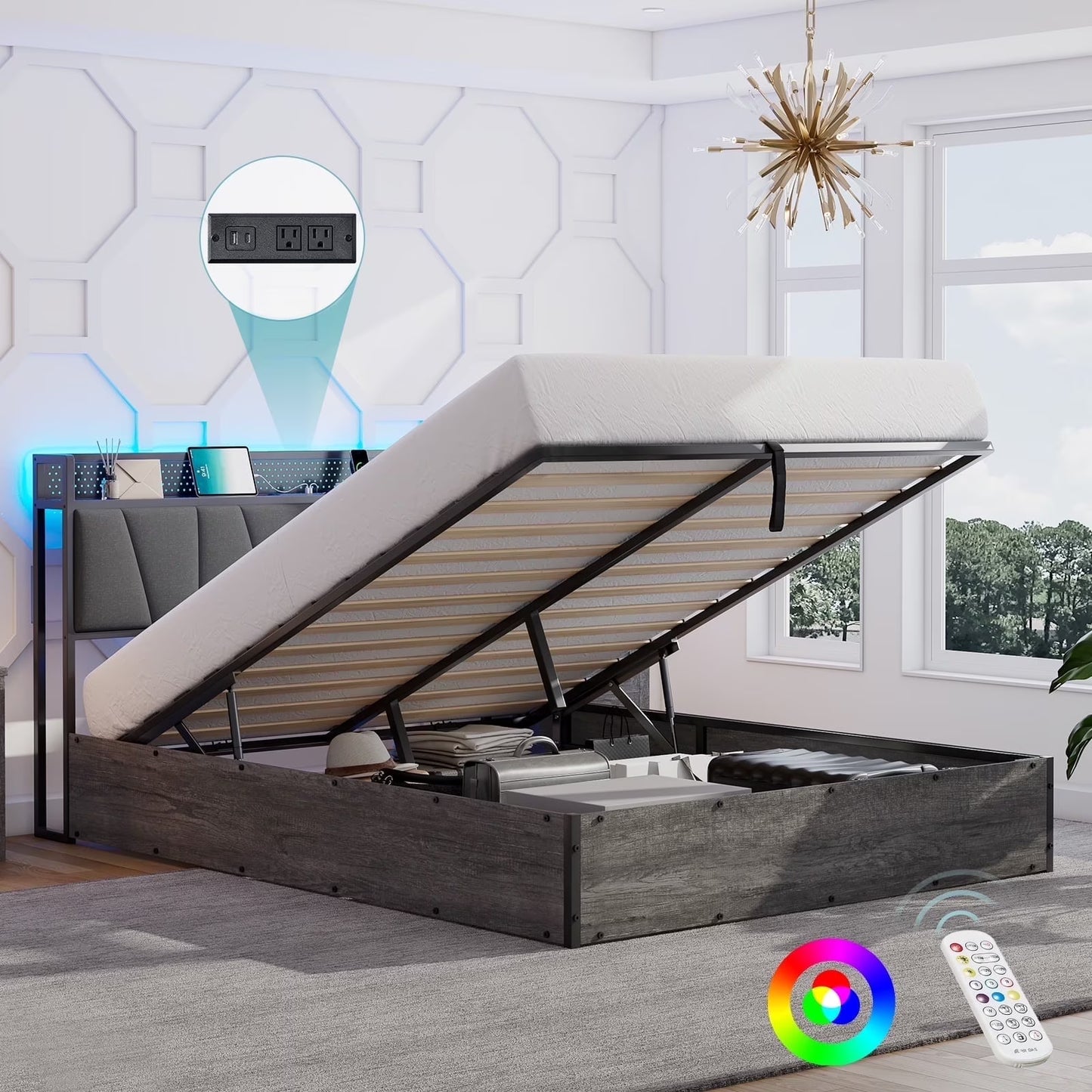 VANACC Lift Up Storage Bed Frame with LED Light