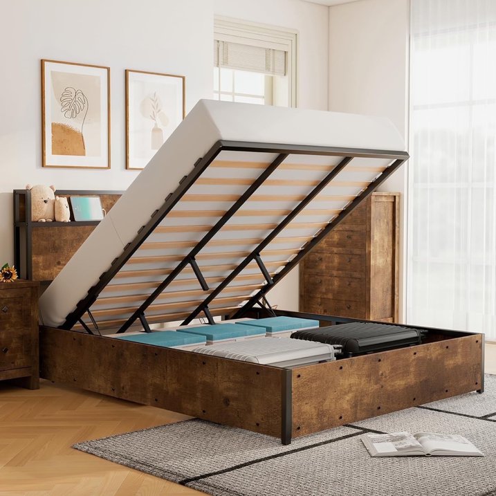 VANACC Lift Up Storage Bed, Storage Headboard & Charging Station