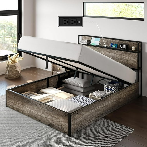 VanAcc Lift up Storage Bed Frame, Noise-Free, Charging Station, for Adults, No Spring Box Needed