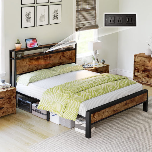 VanAcc Metal Bed Frame with 2-Tier Storage Headboard and Charging Station
