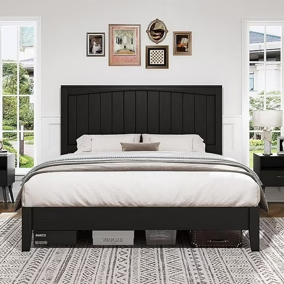 VANACC Solid Wood Bed Frame with 48.4 inch Tall Headboard, Mid-Century Modern Platform Bed with Wooden Slats and Metal Frame. No Box Spring Needed, Easy Assembly