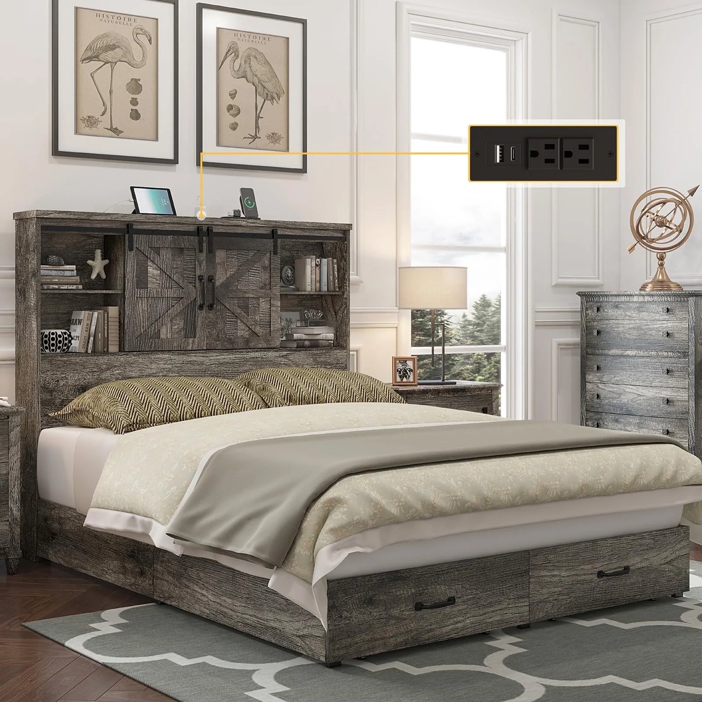 VANACC Wooden Platform Storage Bed Frame with 51.2" Wood Bookcase Headboard