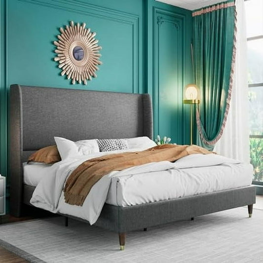 VanAcc Platform Bed Frame 51.2" High Headboard Linen Tall Upholstered Bed/No Box Spring Required/Wood Slat Support/Easy Assembly