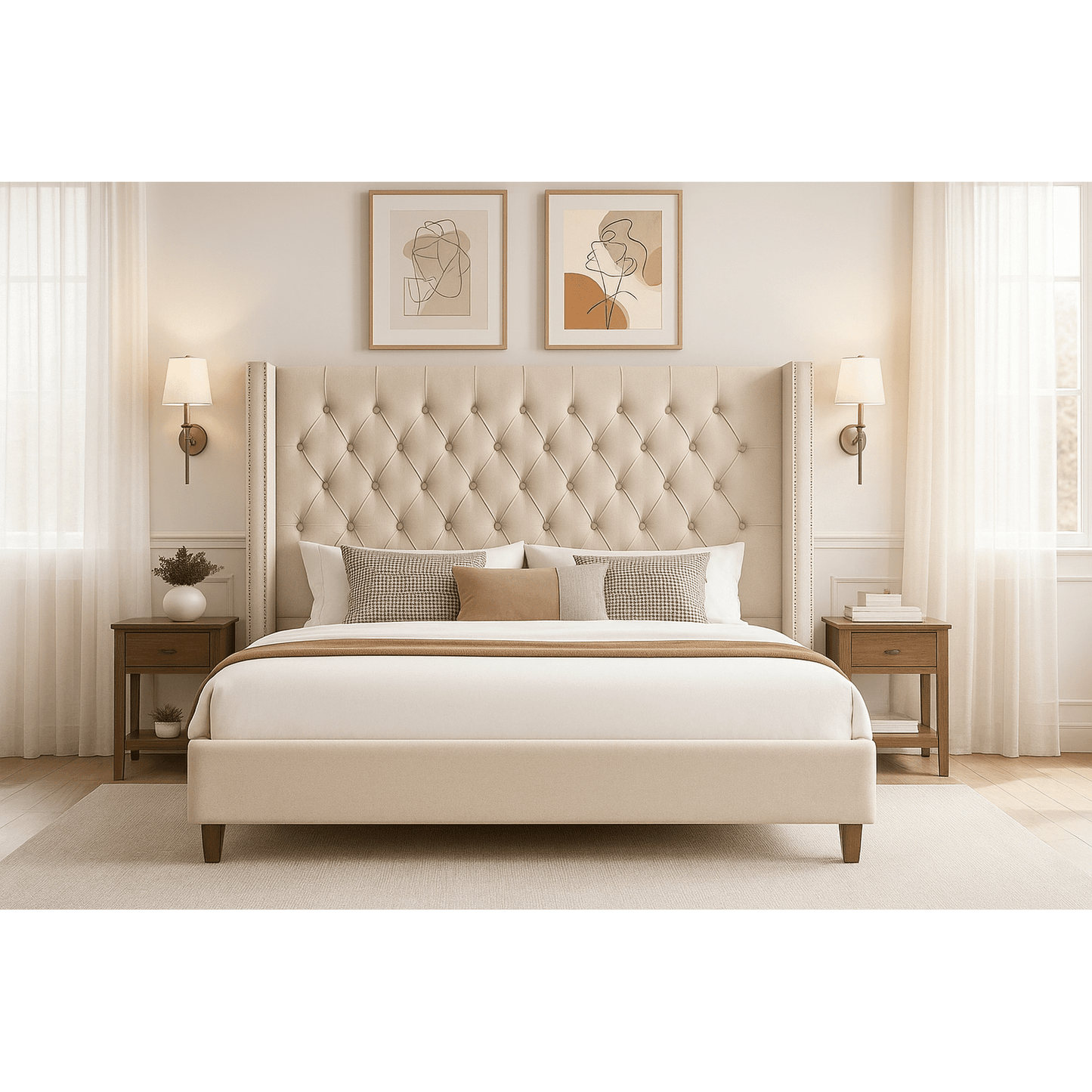 VanAcc Platform Bed Frame 61.4" Handmade Headboard Velvet Tall Upholstered Bed Deep Button Tufted/Wood Slat Support/Easy Assembly