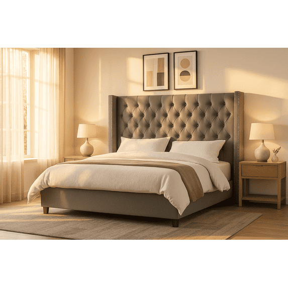 VanAcc Platform Bed Frame 61.4" Handmade Headboard,Velvet Tall Upholstered Deep Button Tufted