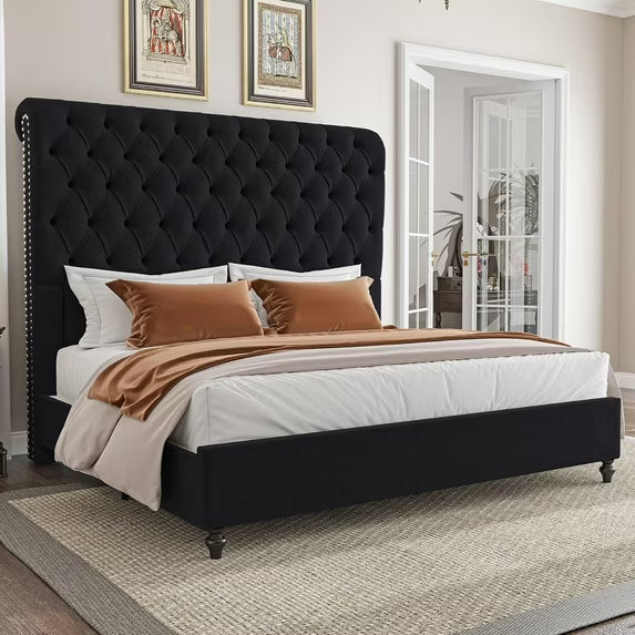 VanAcc Bed Frame, 60" Tall Sleigh Headboard Bed with Velvet Upholstered Platform