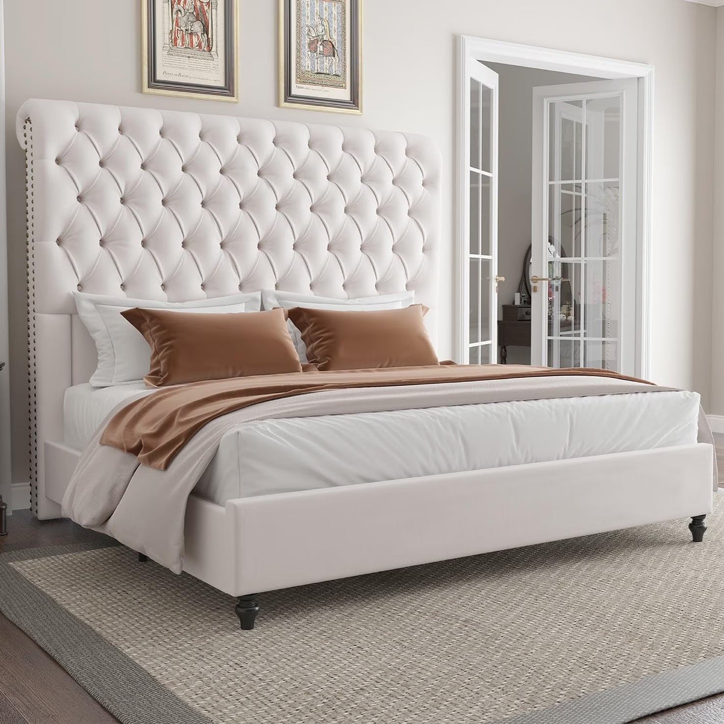 VanAcc Bed Frame, 60" Tall Sleigh Headboard Bed with Velvet Upholstered Platform